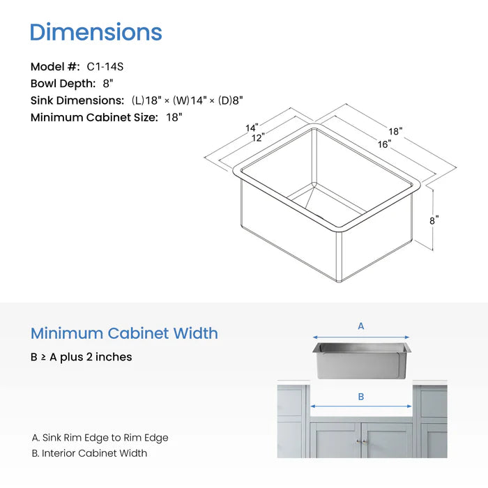 14" Handcrafted Undermount Single Bowl 16 gauge Stainless Steel Kitchen Sink - C1-14S (CF)