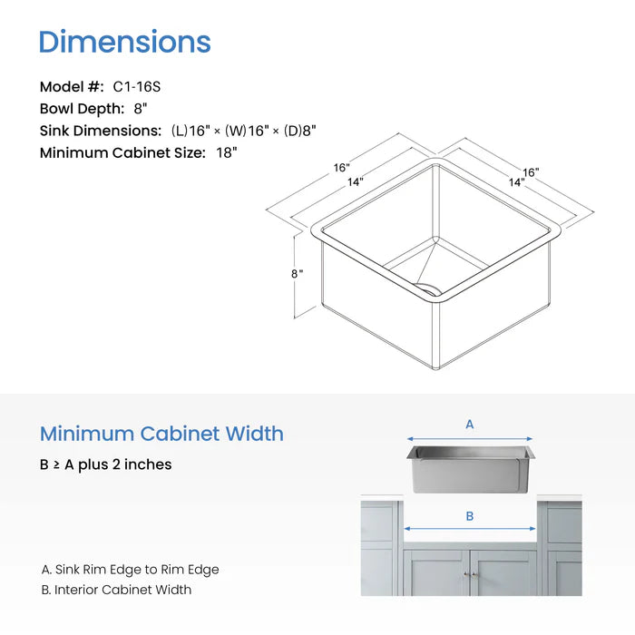 16" Handcrafted Undermount Single Bowl 16 gauge Stainless Steel Kitchen Sink - C1-16S (CF)