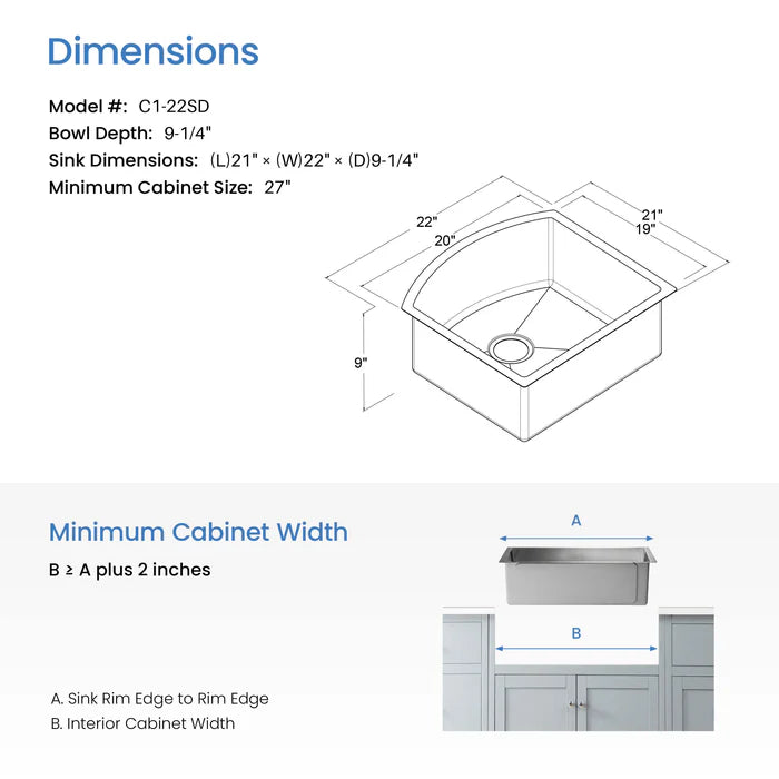 22" Handcrafted Undermount Single Bowl 16 gauge D Shape Stainless Steel Kitchen Sink - C1-22SD (CF)