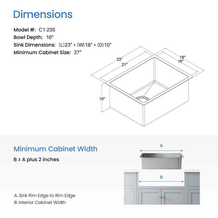 23" Handcrafted Undermount Single Bowl 16 gauge Stainless Steel Kitchen Sink - C1-23S (CF)