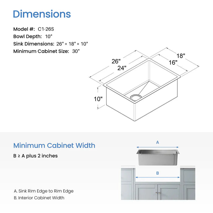 26" Handcrafted Undermount Single Bowl 16 gauge Stainless Steel Kitchen Sink - C1-26S (CF)