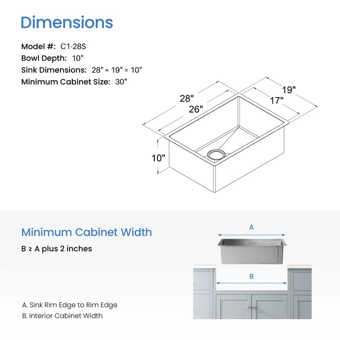 28" Handcrafted Undermount Single Bowl 16 gauge Stainless Steel Kitchen Sink - C1-28S (CF)