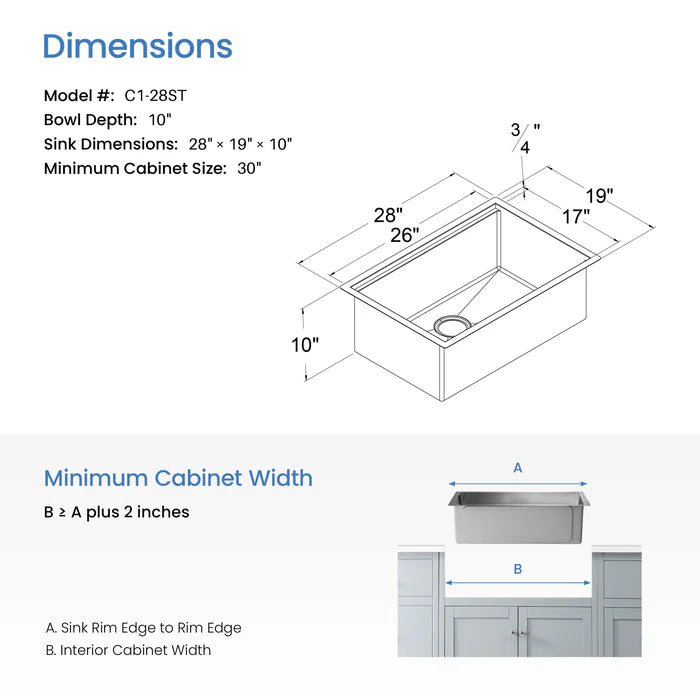 28" Undermount Single Bowl Stainless Steel Workstation Sink - C1-28ST (CF)