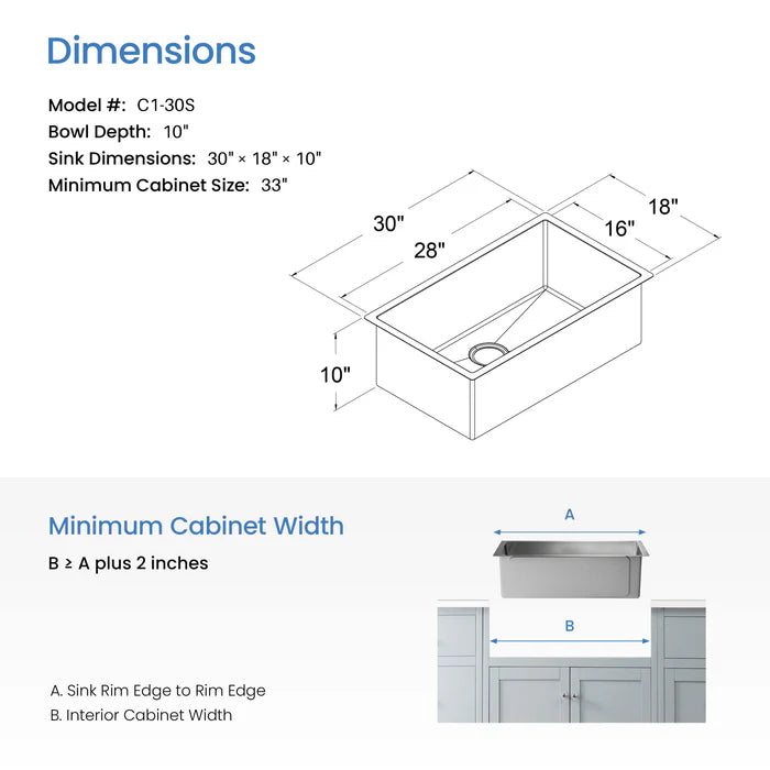 30" Handcrafted Undermount Single Bowl 16 gauge Stainless Steel Kitchen Sink - C1-30S (CF)