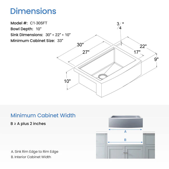 30" Farmhouse Apron Single Bowl Stainless Steel Workstation Kitchen Sink - C1-30SFT (CF)