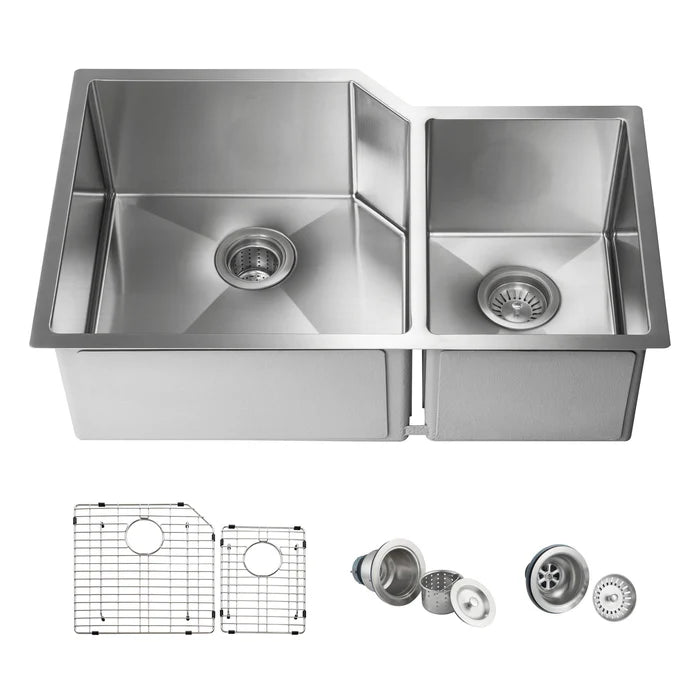 32" Handcrafted Undermount Double Bowl Stainless Steel Kitchen Sink - C1-32D (CF)