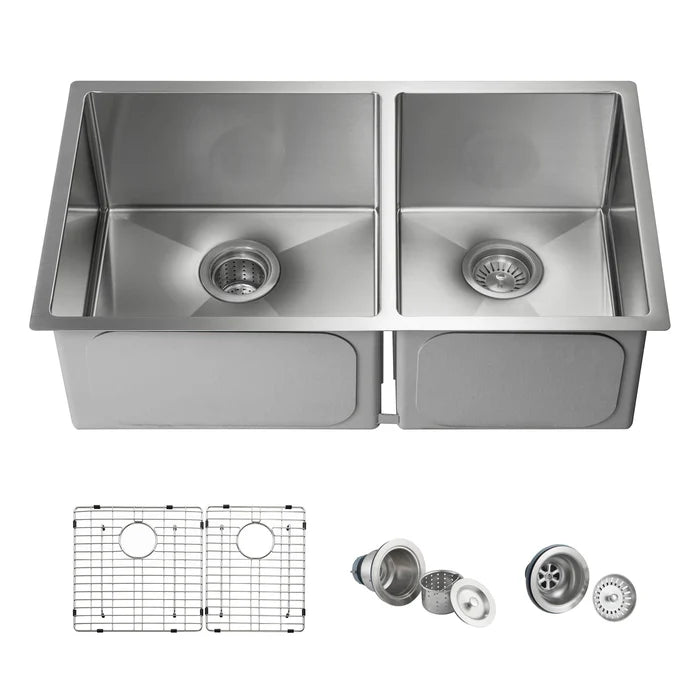 32 3/4" Handcrafted Undermount Double Bowl Stainless Steel Kitchen Sink - C1-33DBS (CF)