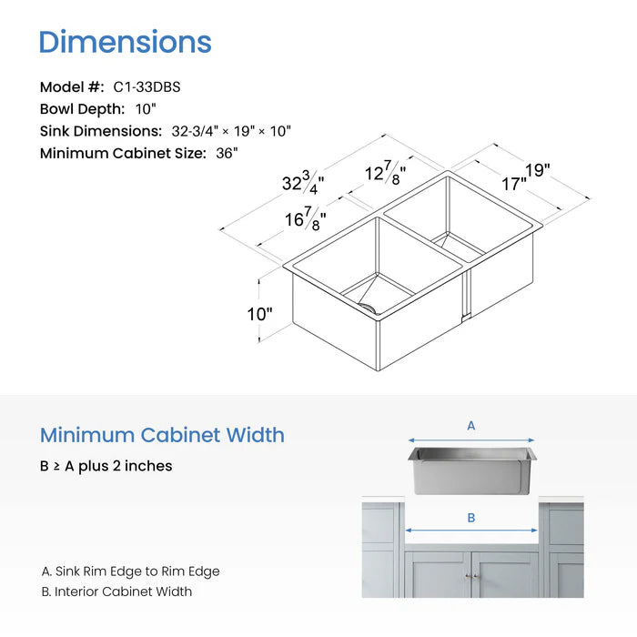 32 3/4" Handcrafted Undermount Double Bowl Stainless Steel Kitchen Sink - C1-33DBS (CF)