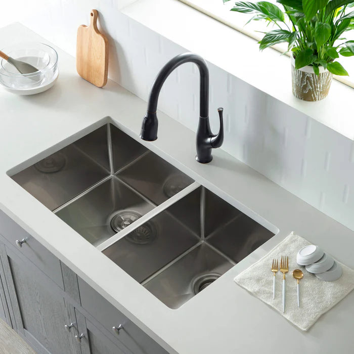 32 3/4" Handcrafted Undermount Double Bowl Stainless Steel Kitchen Sink - C1-33DBS (CF)