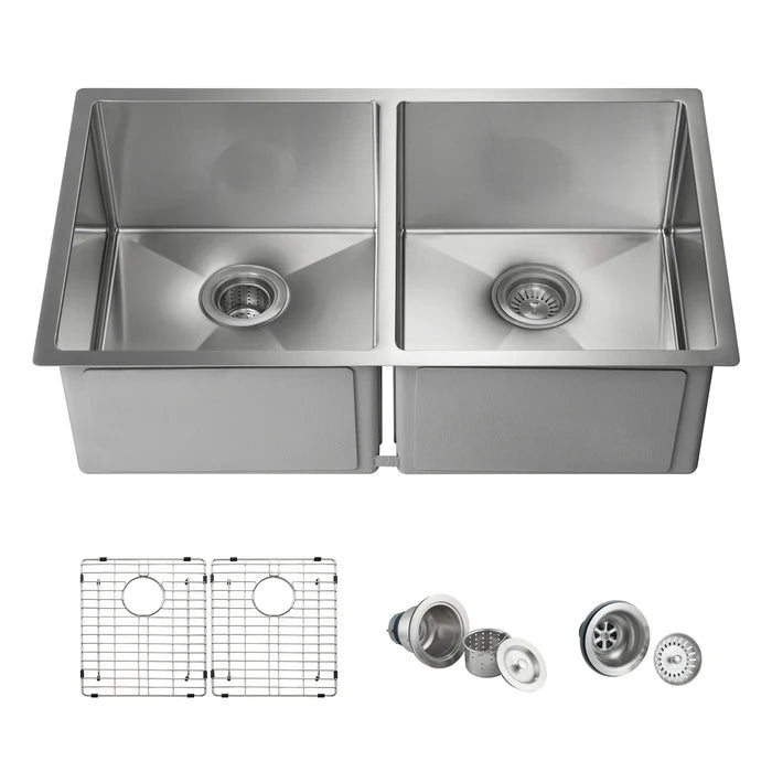 32 3/4" Handcrafted Undermount Double Bowl Stainless Steel Kitchen Sink - C1-33DEQ (CF)