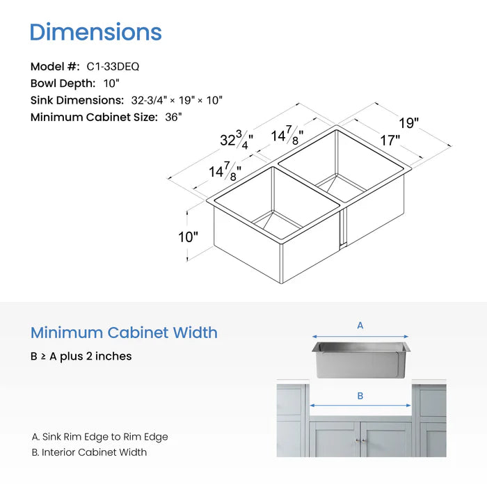 32 3/4" Handcrafted Undermount Double Bowl Stainless Steel Kitchen Sink - C1-33DEQ (CF)