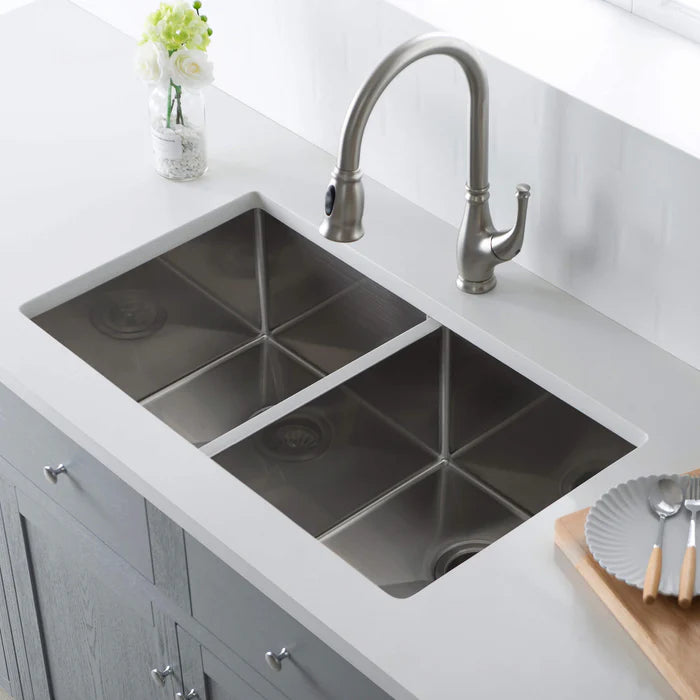 32 3/4" Handcrafted Undermount Double Bowl Stainless Steel Kitchen Sink - C1-33DEQ (CF)