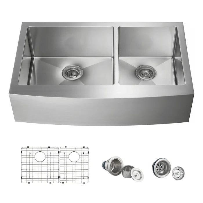 36" Handcrafted Farmhouse Apron Double Bowl Stainless Steel Kitchen Sink - C1-36DF (CF)
