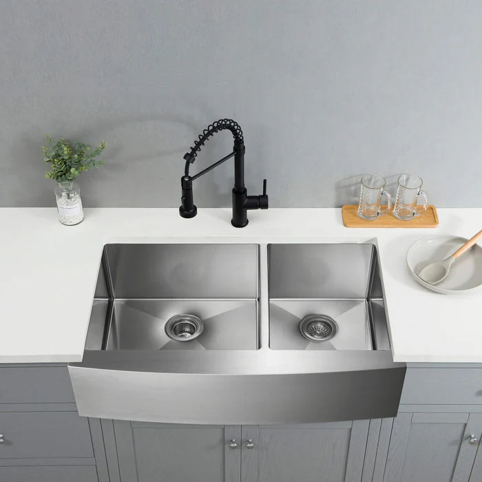 36" Handcrafted Farmhouse Apron Double Bowl Stainless Steel Kitchen Sink - C1-36DF (CF)