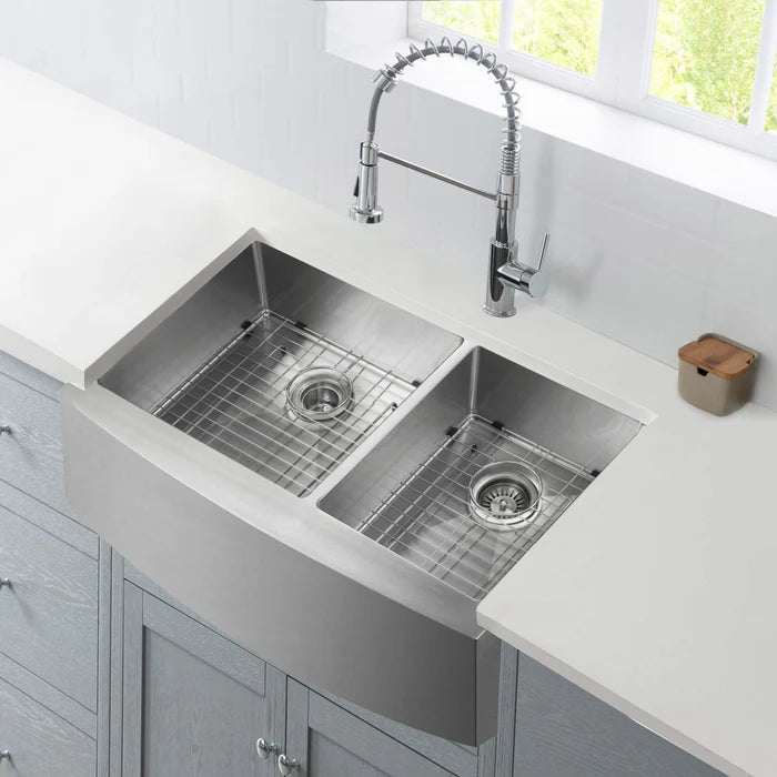 36" Handcrafted Farmhouse Apron Double Bowl Stainless Steel Kitchen Sink - C1-36DF (CF)