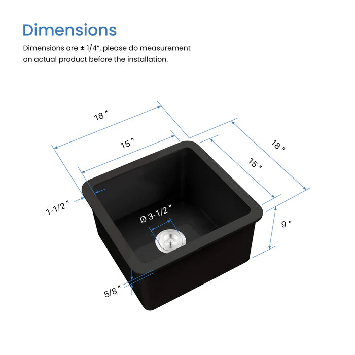 Nova 18" Matte Black Fireclay Single Bowl Kitchen Drop-In/Undermount Sink - C2-18SQMB (CF)