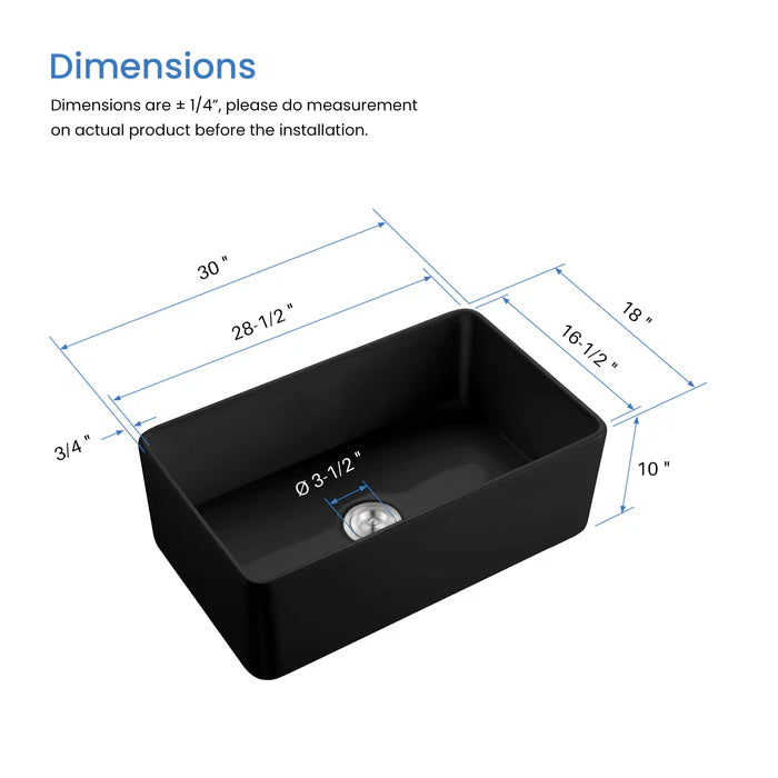 Nova 33" Matte Black Fireclay Single Bowl Kitchen Farmhouse Sink - C2-33SFMB (CF)