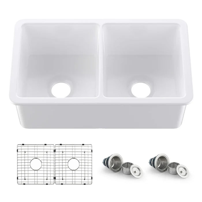 32" Fireclay Double Bowl Drop-In/Undermount Kitchen Sink - C2-32D (CF)