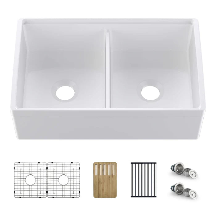 33" Fireclay Double Bowl Farmhouse Kitchen Workstation Sink - C2-33DFT (CF)