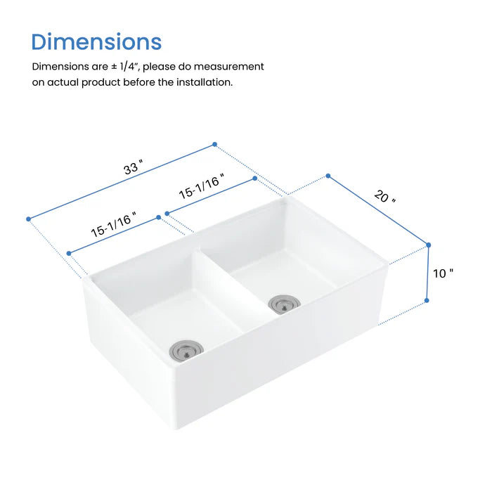 33" Fireclay Double Bowl Farmhouse Kitchen Workstation Sink - C2-33DFT (CF)