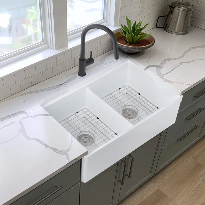 33" Fireclay Double Bowl Farmhouse Kitchen Workstation Sink - C2-33DFT (CF)