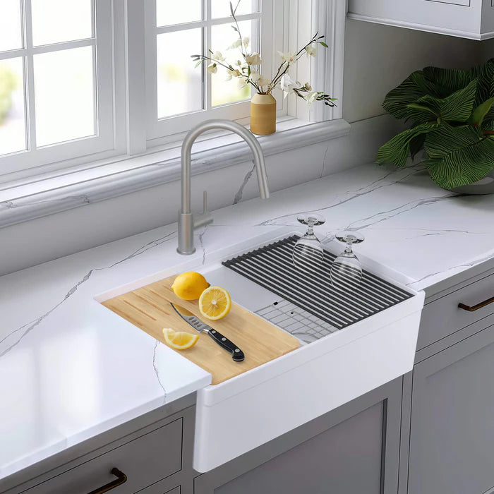 33" Fireclay Double Bowl Farmhouse Kitchen Workstation Sink - C2-33DFT (CF)