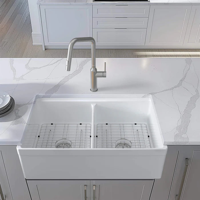 33" Fireclay Double Bowl Farmhouse Kitchen Workstation Sink - C2-33DFT (CF)