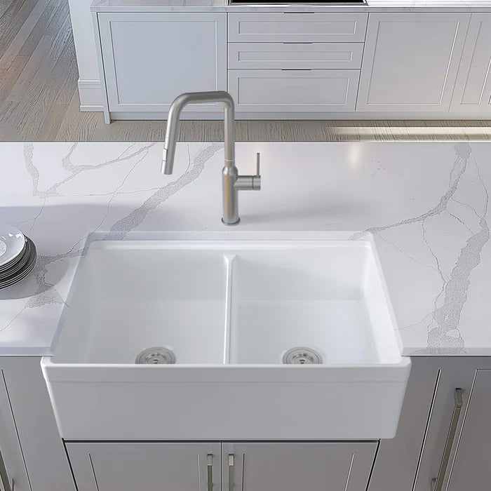 33" Fireclay Double Bowl Farmhouse Kitchen Workstation Sink - C2-33DFT (CF)