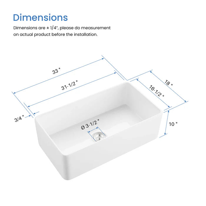 Nova 33" Fireclay Single Bowl Kitchen Farmhouse Sink - C2-33SF (CF)