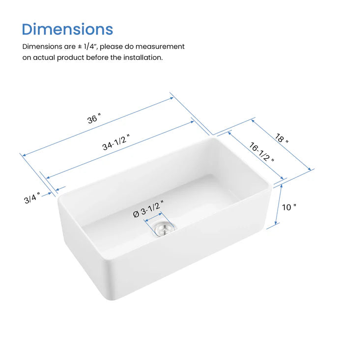 Nova 36" Fireclay Single Bowl Kitchen Farmhouse Sink - C2-36SF (CF)