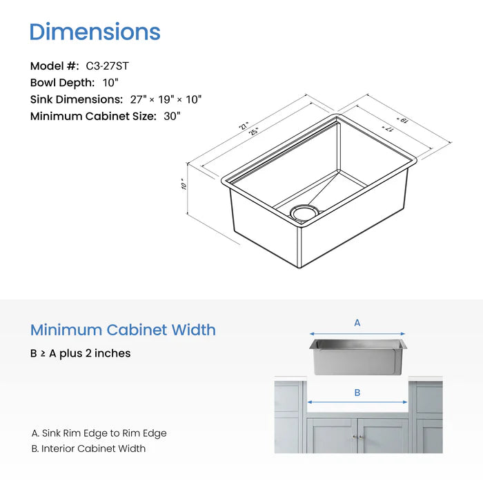 27" Handcrafted 316 Marine Grade Stainless Steel Single Bowl Workstation Undermount Kitchen Sink - C3-27ST (CF)