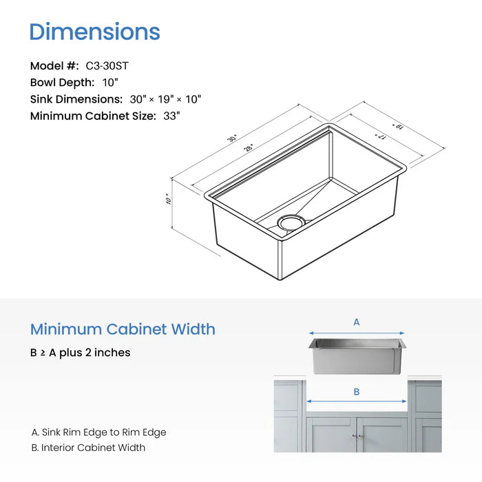 30" Handcrafted 316 Marine Grade Stainless Steel Single Bowl Workstation Undermount Kitchen Sink - C3-30ST (CF)