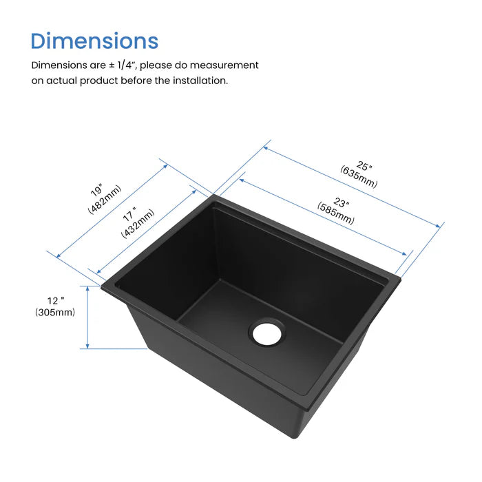 25" Undermount Workstation Single Bowl Quartz Kitchen Sink - C4-25ST (CF)