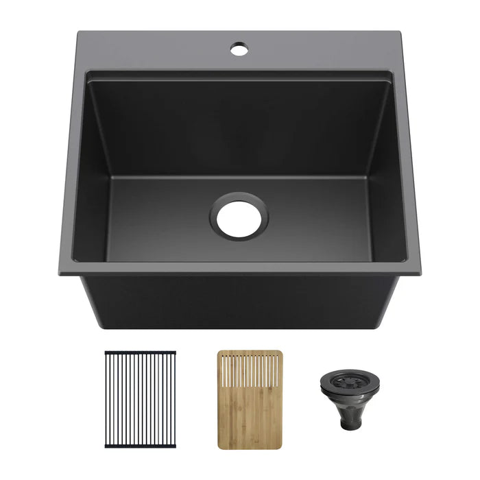 25" Top-Mount Workstation Single Bowl Quartz Kitchen Sink - C4-25TST (CF)
