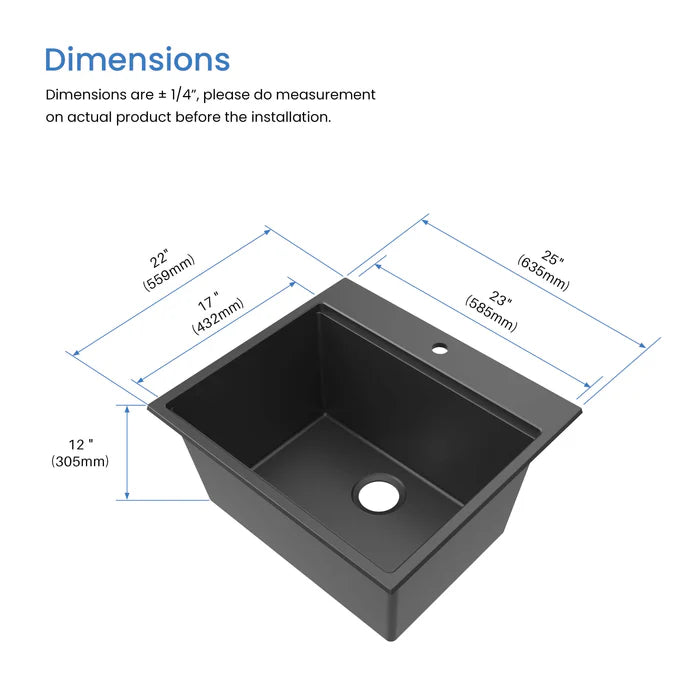 25" Top-Mount Workstation Single Bowl Quartz Kitchen Sink - C4-25TST (CF)