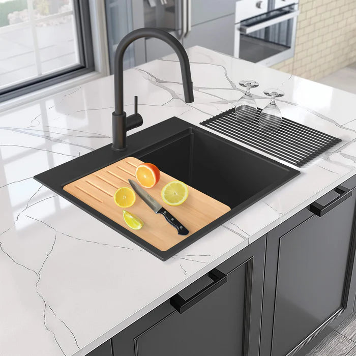 25" Top-Mount Workstation Single Bowl Quartz Kitchen Sink - C4-25TST (CF)