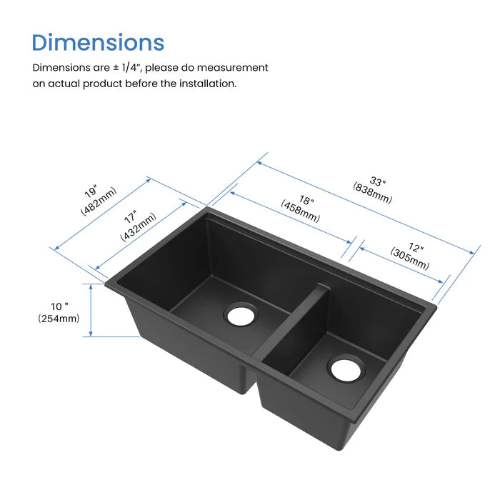 33" Undermount Workstation Double Bowl Quartz Kitchen Sink - C4-33DT (CF)