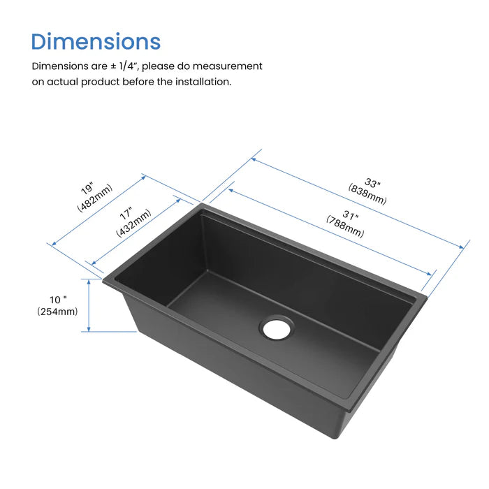 33" Undermount Workstation Single Bowl Quartz Kitchen Sink - C4-33ST (CF)