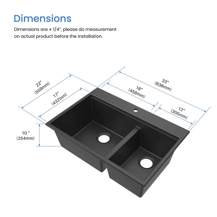 33" Top-Mount Workstation Double Bowl Quartz Kitchen Sink - C4-33TDT (CF)