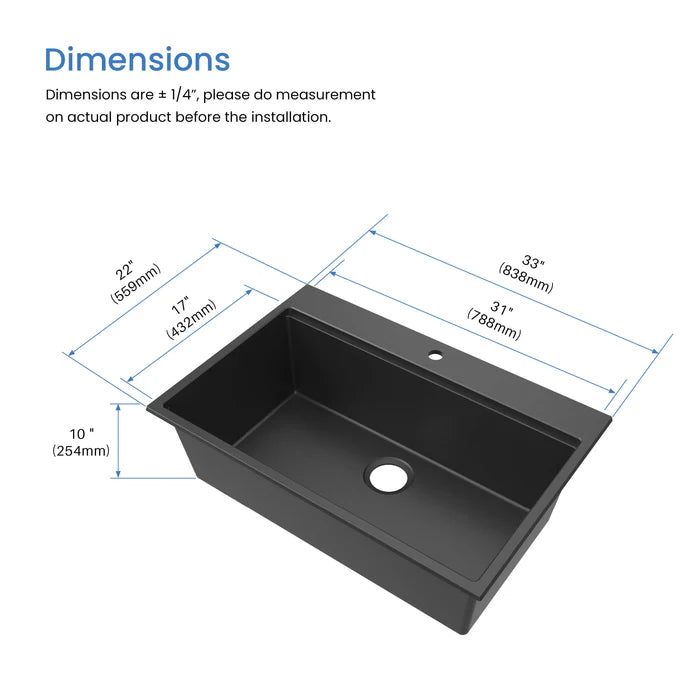 33" Top-Mount Workstation Single Bowl Quartz Kitchen Sink - C4-33TST (CF)