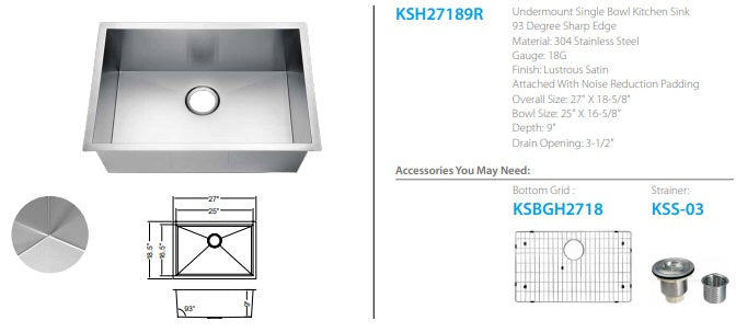 Oakland Fabricated 93 Degree Sharp Edge Kitchen Sink