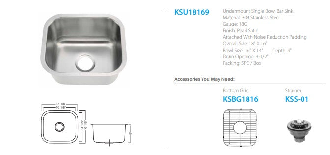 Oakland Undermount Bar Kitchen Sink