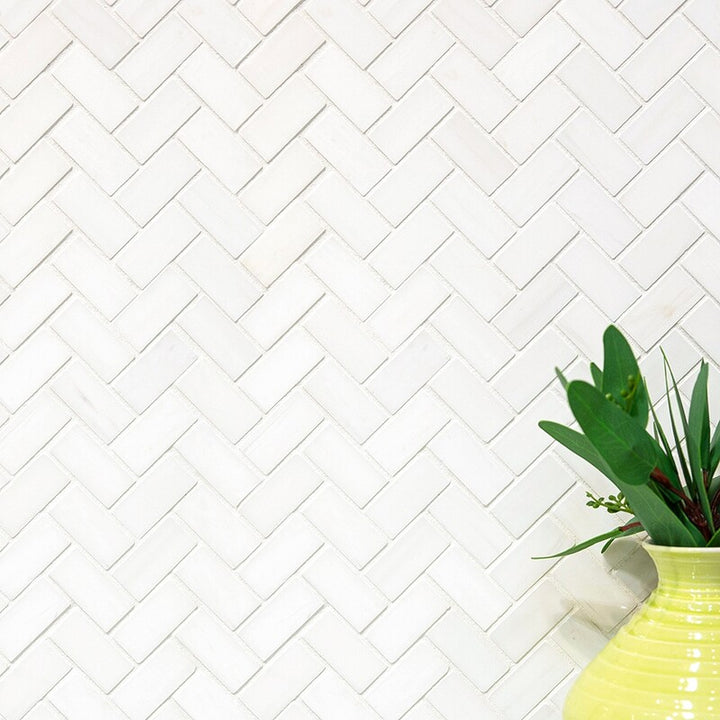 Snow White Polished Herringbone 1x2 Marble Mosaic (MYS)