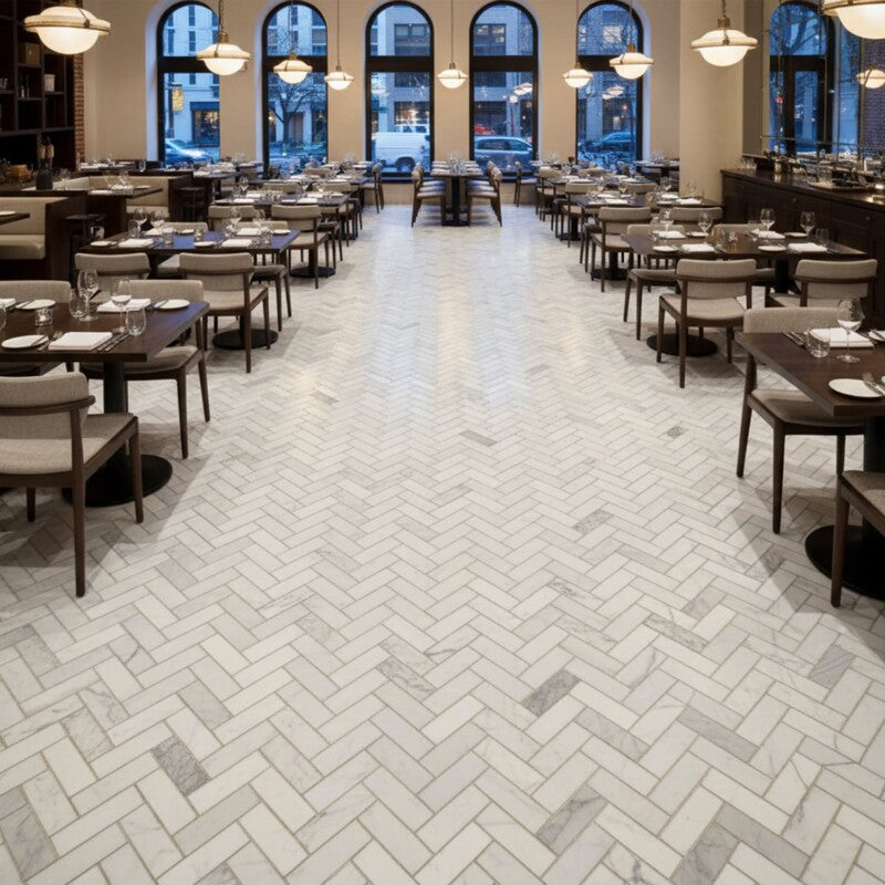 Frost White Honed Herringbone 5/8x2 Marble Mosaic (MYS)