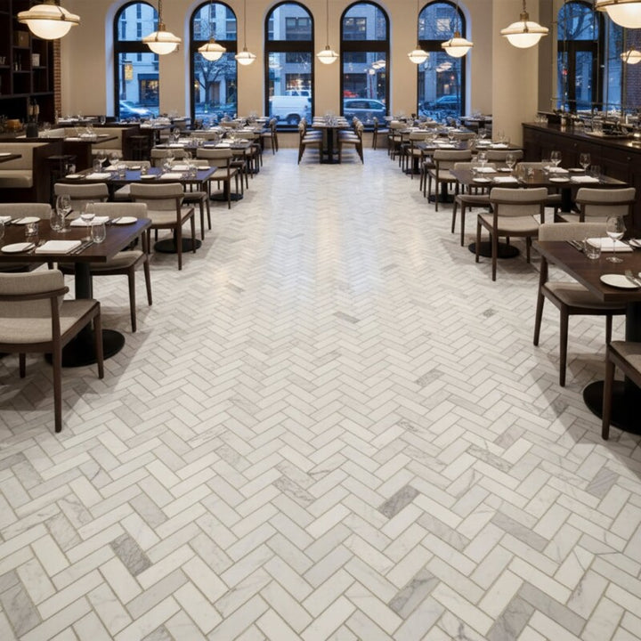 Frost White Honed Herringbone 5/8x2 Marble Mosaic (MYS)