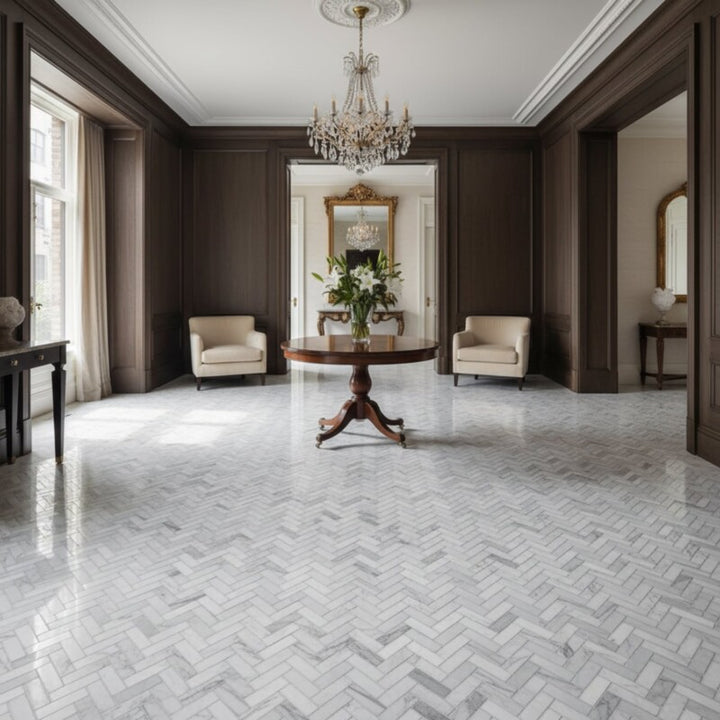 Frost White Honed Herringbone 5/8x2 Marble Mosaic (MYS)