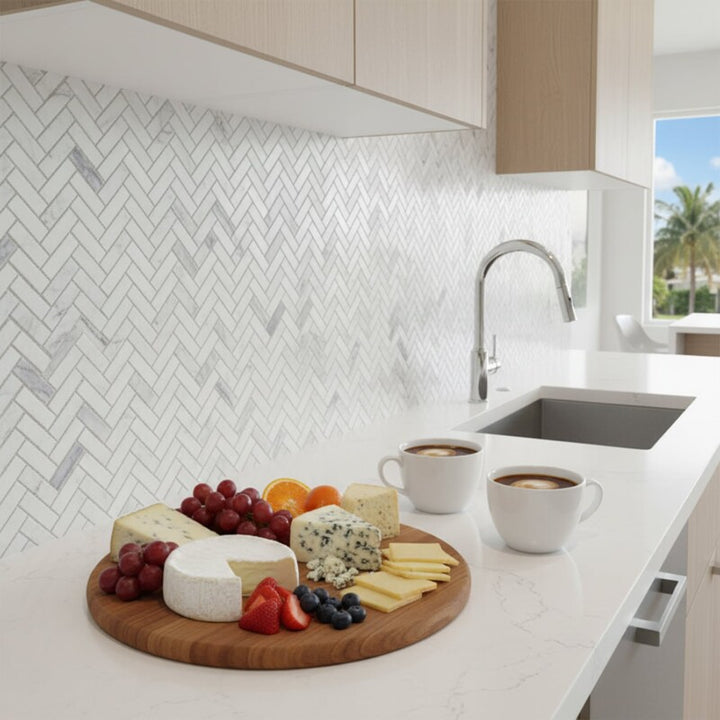 Frost White Honed Herringbone 5/8x2 Marble Mosaic (MYS)