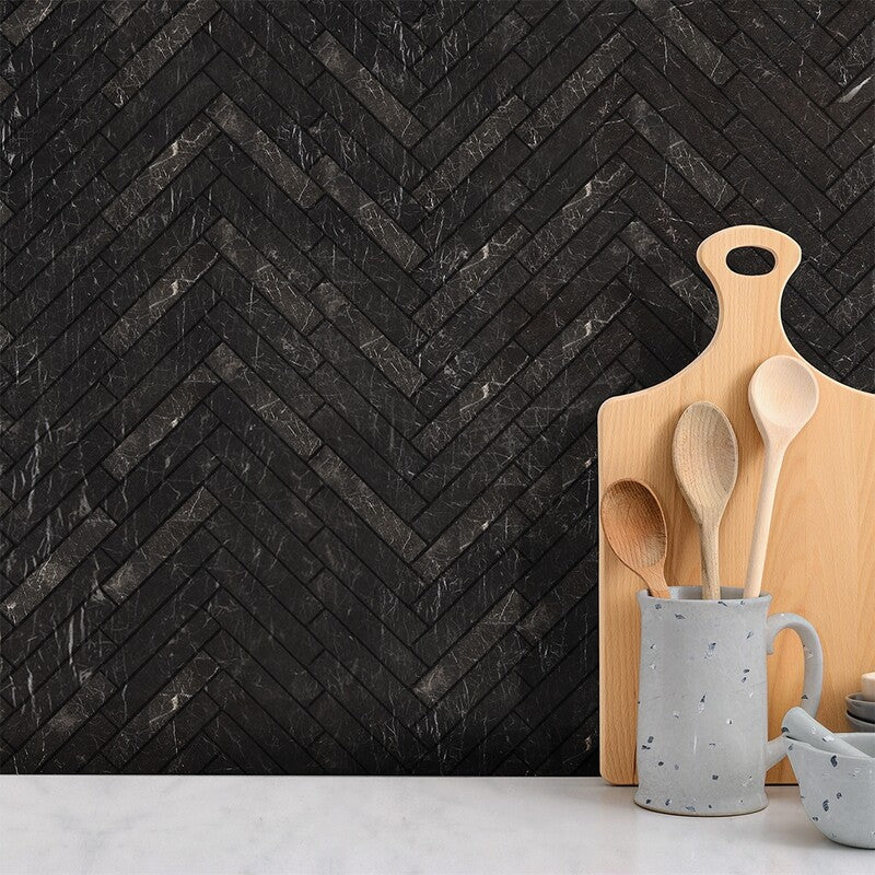 Iris Black Honed Herringbone 5/8x3 Marble Mosaic (MYS)