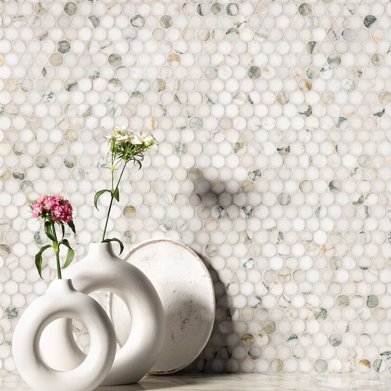 Calacatta Green Honed Penny Round Marble Mosaic (MYS)
