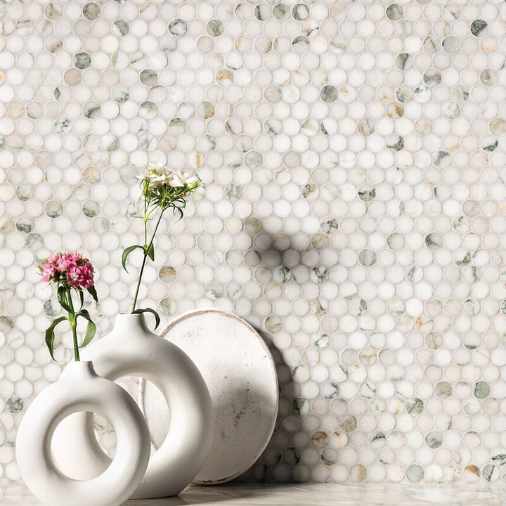 Calacatta Green Honed Penny Round Marble Mosaic (MYS)